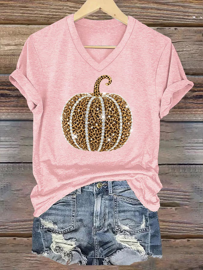Women's Autumn Rhinestone Pumpkin Print V-Neck Short-Sleeved T-Shirt