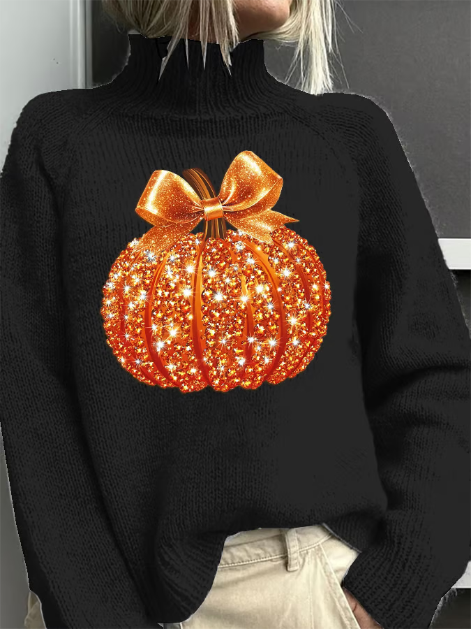 Women's Fall Sequin Pumpkin Turtleneck Sweater