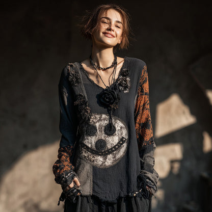 Women's Halloween Smiley Face And Rose Pattern V-neck T-shirt
