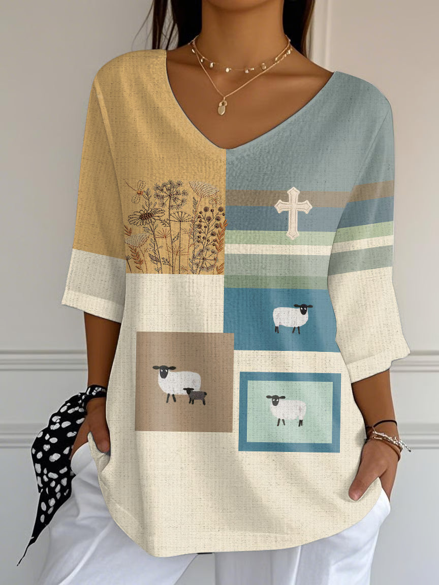 Women's Cute Lamb V-Neck Printed Long Top