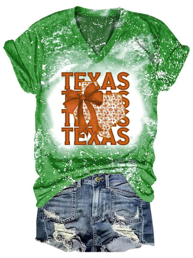 V-Neck Retro Texas Autumn Burnt Orange Coquette Bow Print T-Shirt