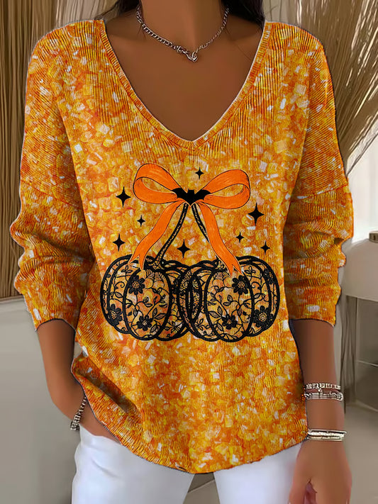 Women's Casual Halloween Bat Lace Pumpkin Pattern Print Long Sleeve T-shirt