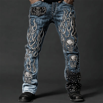 Men's Skulls On Flame Rock Studded Washed Jeans