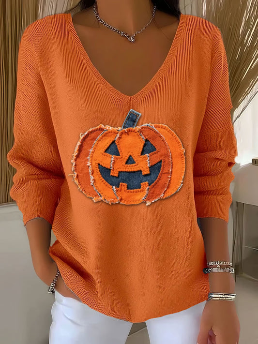Women's Halloween Denim Patchwork Pumpkin Face Print V-Neck T-Shirt