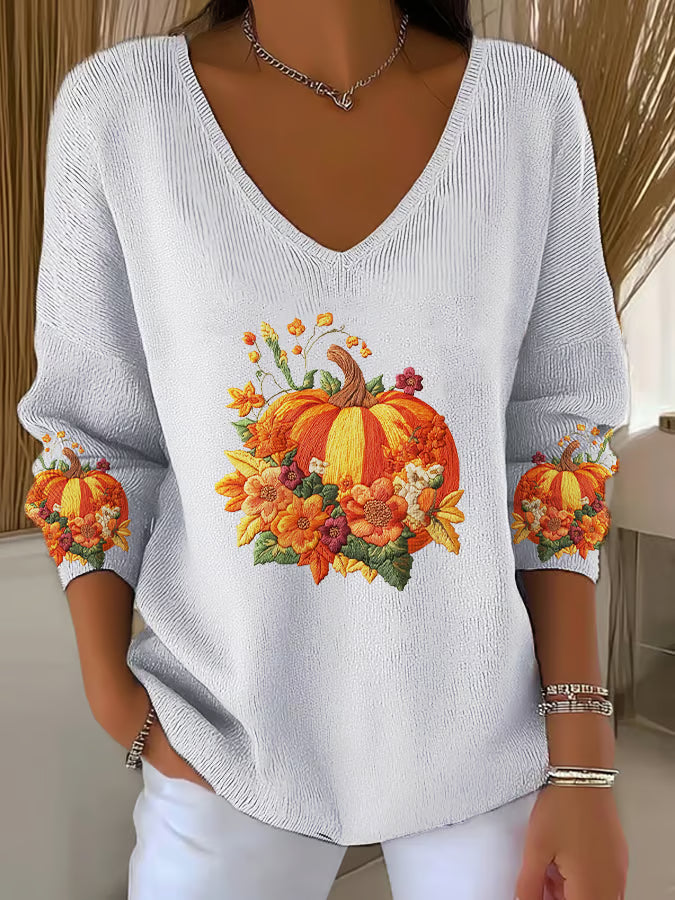 Women's Casual Autumn Pumpkin Floral Embroidery Texture Pattern Print Long Sleeve T-shirt