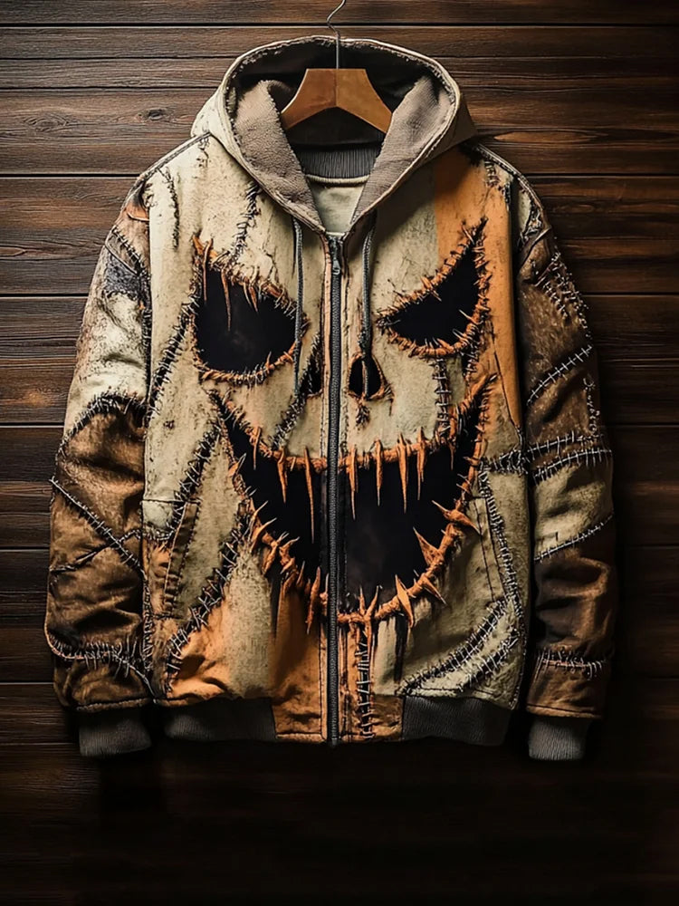 Halloween Horror Scary Faces Stitching Patchwork Color Blocks Pattern Washed Men's Zip-up Hoodie