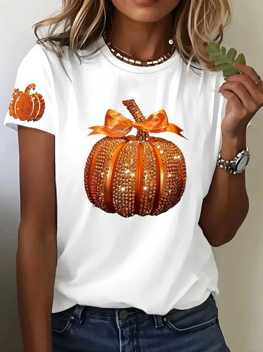 Women's Autumn Sequined Pumpkin Print Crew Neck Short Sleeve T-shirt