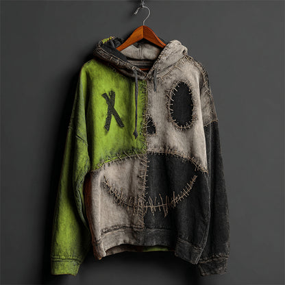 Halloween Pumpkin Face Colorblock Patchwork Hoodie