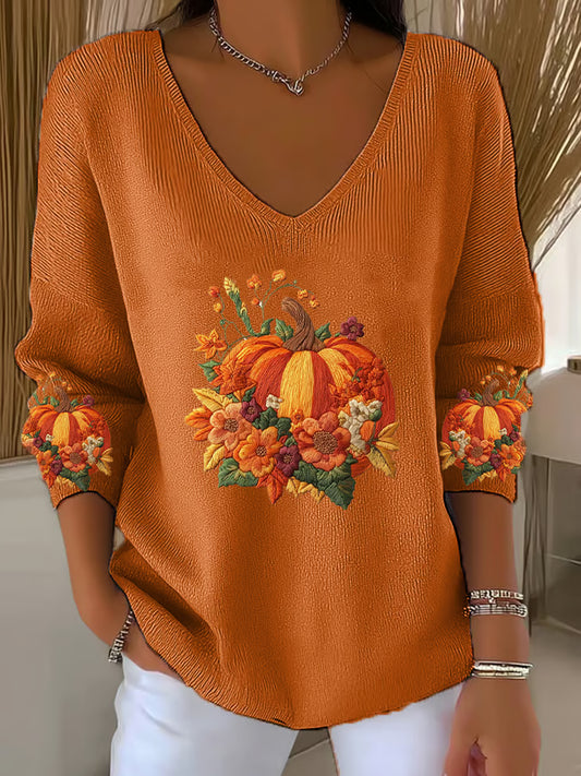 Women's Casual Autumn Pumpkin Floral Embroidery Texture Pattern Print Long Sleeve T-shirt