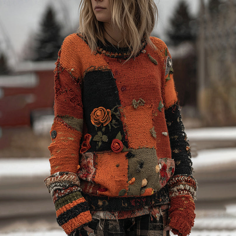 Vintage Halloween Floral Patchwork Knitted Crew Neck Cozy Sweater