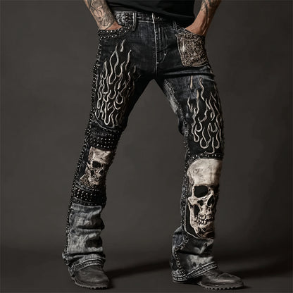 Men's Skulls On Flame Rock Style Studded Washed Jeans