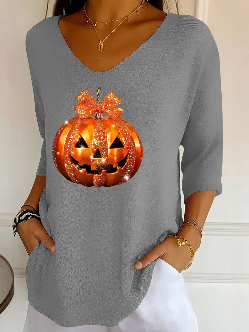 Women's Autumn Halloween Sequined Pumpkin Print V-Neck T-Shirt