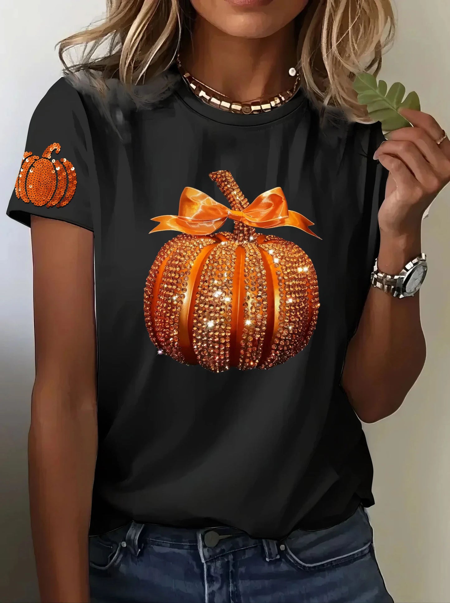Women's Autumn Sequined Pumpkin Print Crew Neck Short Sleeve T-shirt