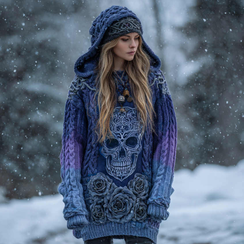 Women's Viking Tribal Jacquard Celtic With Rose And Skull Inspired Chunky Knit Hooded Sweater