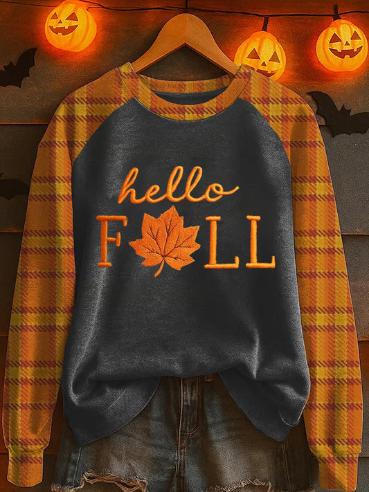 Women's Autumn Maple Leaf Contrast Print Crew Neck Sweatshirt