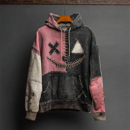 Halloween Stitched Face Colorblock Patchwork Washed Hoodie