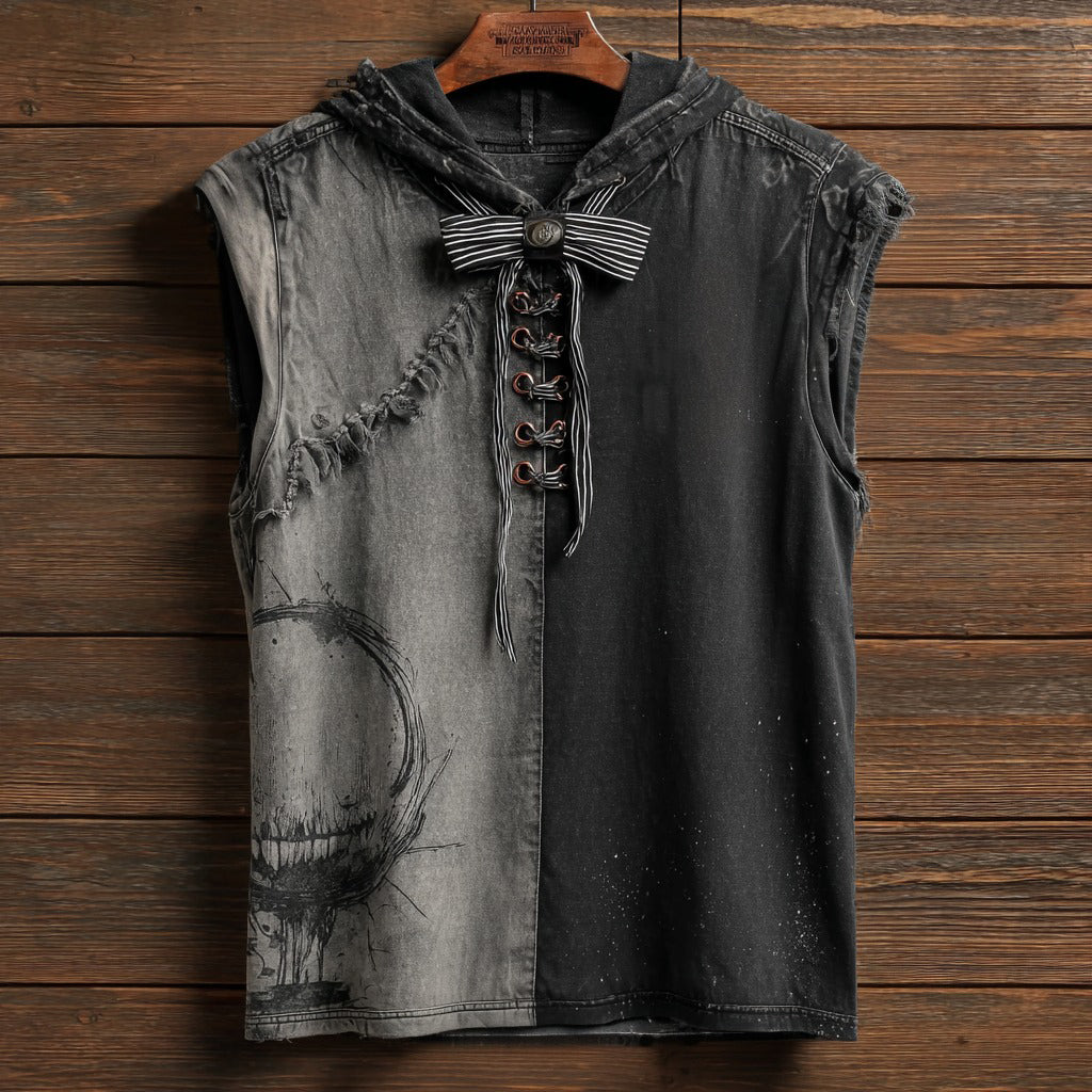Halloween Skull Face Pattern Stitching Washed Men's Sleeveless Hoodie