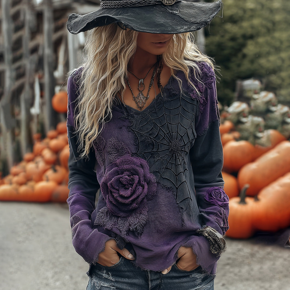 Vintage Halloween Black And Purple Rose Art Long Sleeve V  Neck Tops