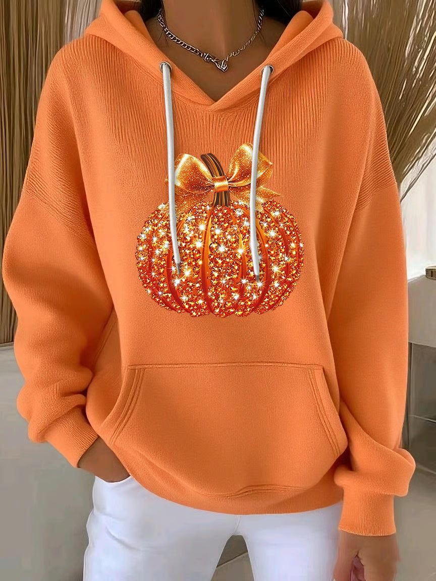 Women's Autumn Sequin Pumpkin Print Casual Hooded Sweatshirt