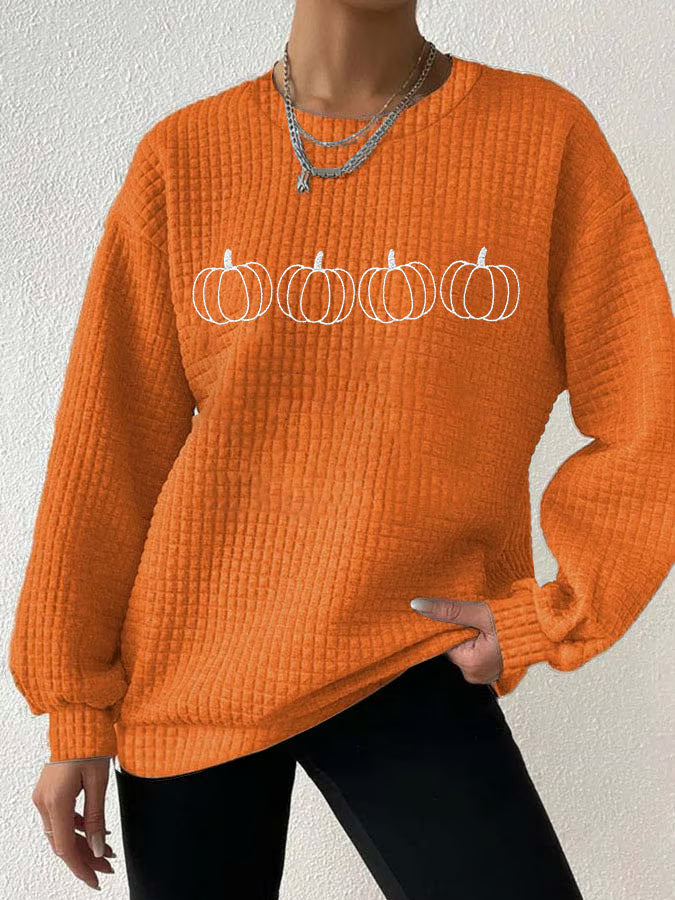 Women's Retro Autumn Pumpkin Print Drop Shoulder Check Sweatshirt