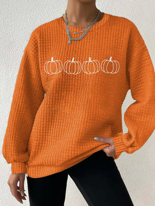 Women's Retro Autumn Pumpkin Print Drop Shoulder Check Sweatshirt