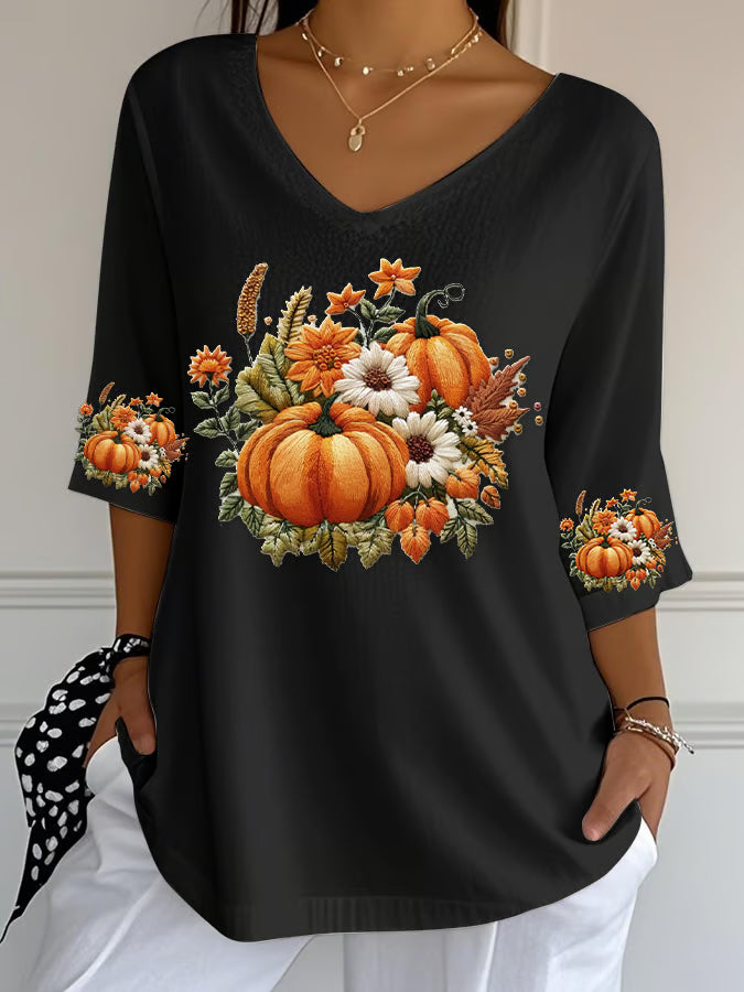 Women's Casual Pumpkin Bubble Ruffled Three-quarter Sleeve Top