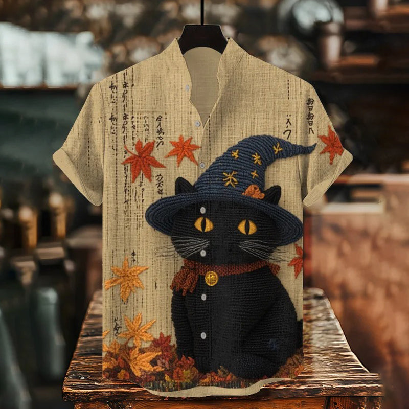 Men's Japanese Maple Leaf And Black Cat Art Print Casual Shirt