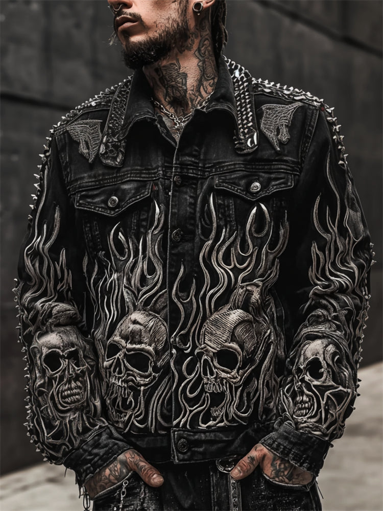 Men's 3d Skulls Flame Rock Studded Washed Denim Jacket