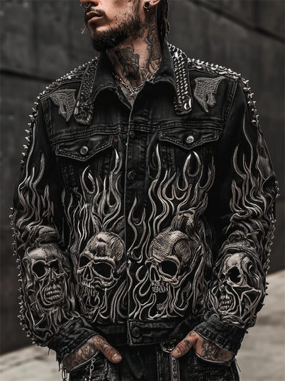 Men's 3d Skulls Flame Rock Studded Washed Denim Jacket
