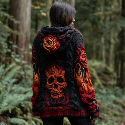 Women's Vintage Flame Skull And Flower Art Cozy Knit Jacquard Hooded Sweater