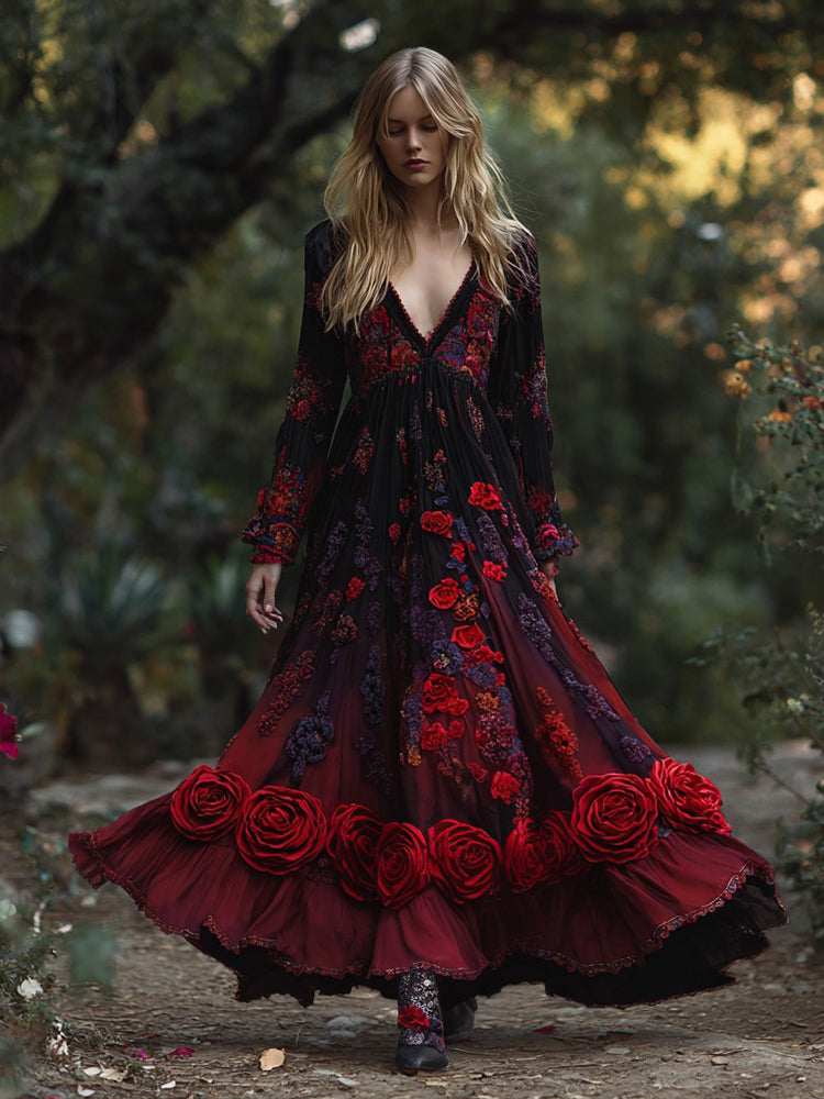 Women's Retro Red Rose Embroidery Casual Long Sleeve Dress