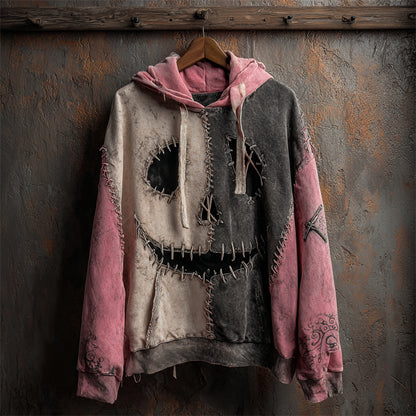 Halloween Pumpkin Face Contrast Stitched Washed Hoodie