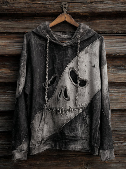 Halloween Skull Face Colorblock Stitched Washed Hoodie
