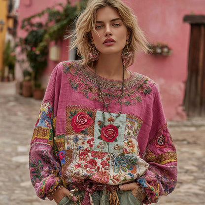 Women's Vintage Bohemian Rose And Floral Ethnic Embroidered Patchwork Linen Tunic