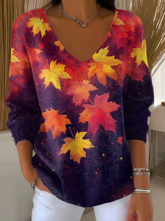 Women's Casual Autumn Maple Leaf Oil Painting Striped T-Shirt