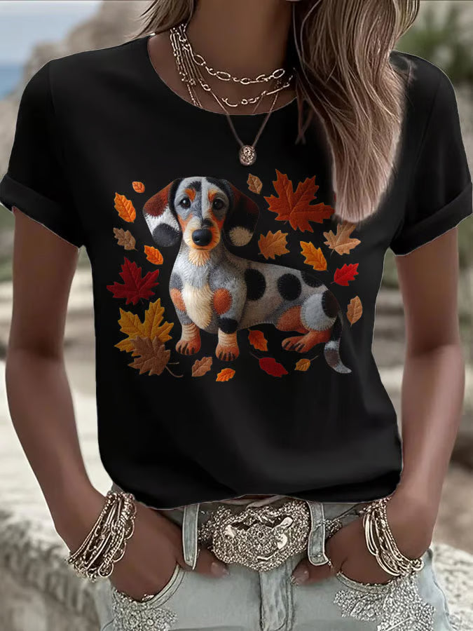 Women's Autumn Dog Print Crew Neck T-Shirt