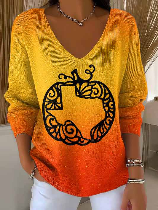 V-Neck Retro Texas Strong Fall Pumpkins Print Knitted Tops