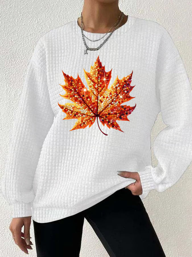 Women's Autumn Sequin Maple Leaf Print Gingham Crew Neck Sweatshirt