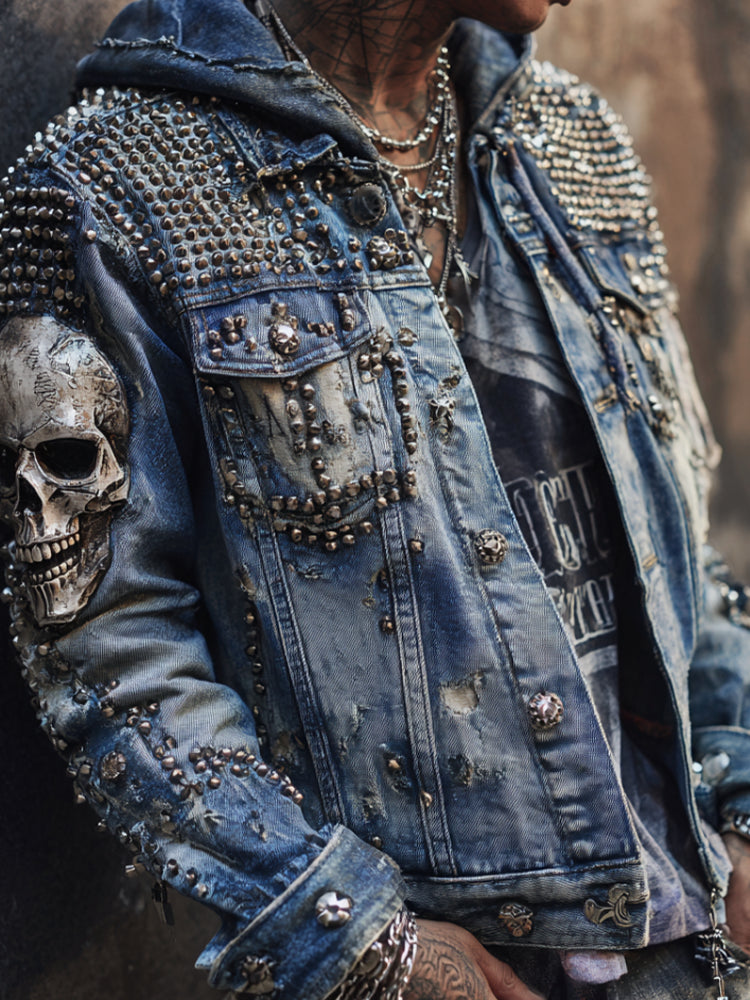 Rock Punk Skull Rivet Element Retro Distressed Heavy-duty Men's Denim Jacket