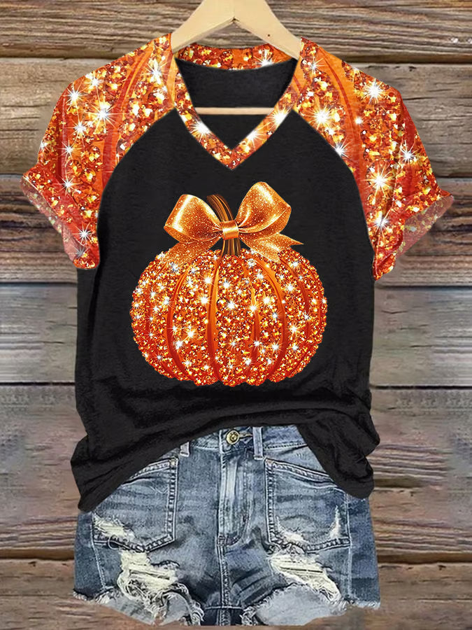 V-Neck Retro Color Block Autumn Pumpkin Bow Print T-Shirt
