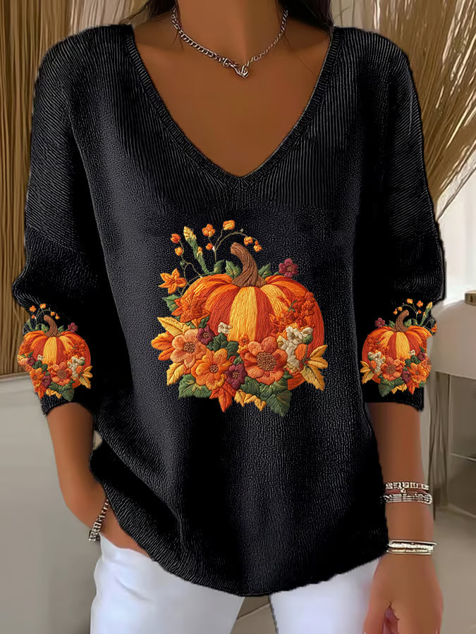 Women's Casual Autumn Pumpkin Floral Embroidery Texture Pattern Print Long Sleeve T-shirt