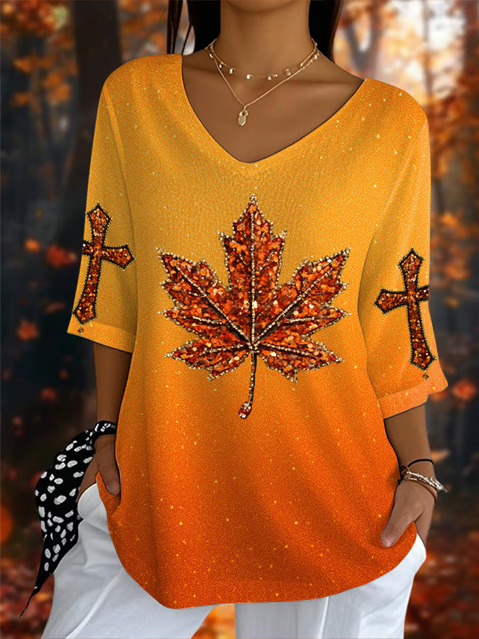Women's RetroAutumn Maple Leaves Print T-Shirt
