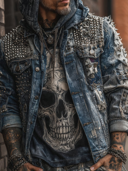 Rock Punk Skull Rivet Element Retro Distressed Heavy-duty Men's Denim Jacket