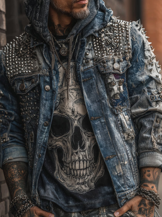 Rock Punk Skull Rivet Element Retro Distressed Heavy-duty Men's Denim Jacket