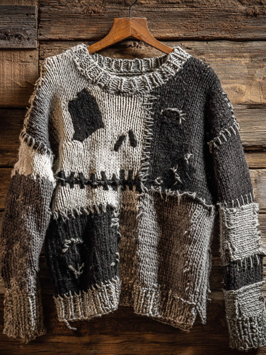 Halloween Pumpkin Face Contrast Stitched Cozy Knit Sweater