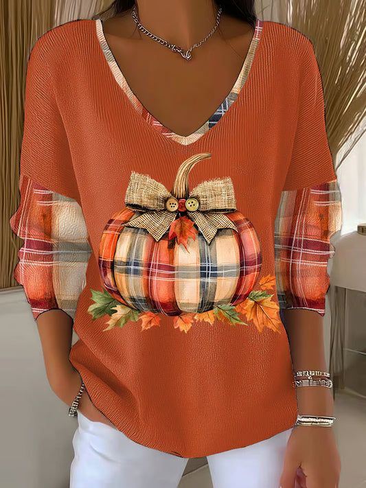 Women's Pumpkin Season Print V Neck Sweater