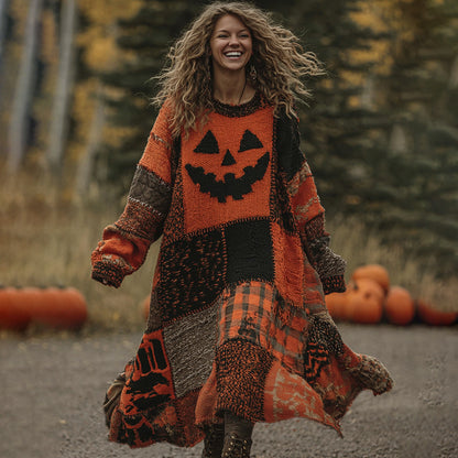 Vintage Patchwork Halloween Pumpkin Face Art Cozy Knit Maxi Dress