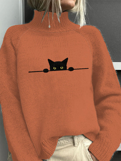 Women's Casual Funny Black Cat Print High Neck Sweater