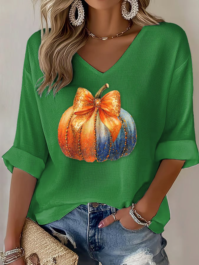 Women's Casual Orange Pumpkin Print Waffle Long-Sleeved T-Shirt