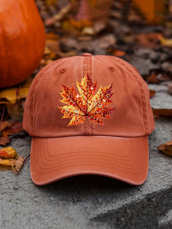 Sequined Pumpkin Maple Leaf Print Hat